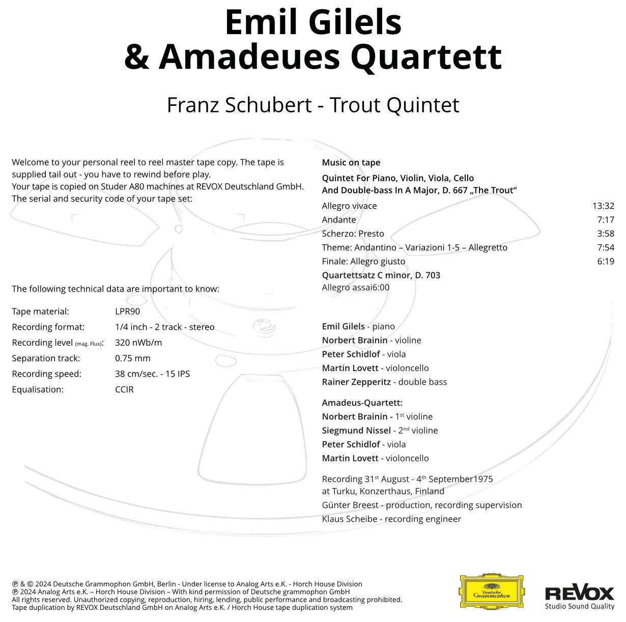 Auditorium Revox Master Tapes Schubert: Trout Quintet Gilels - Amadeus Quartelt 208409 - 2